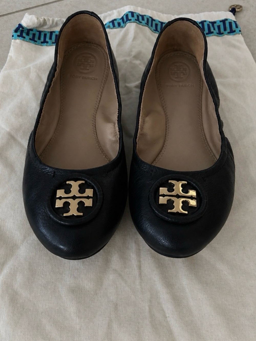 Tory Burch Black Leather Ballet Flats with Gold Logo Medallion